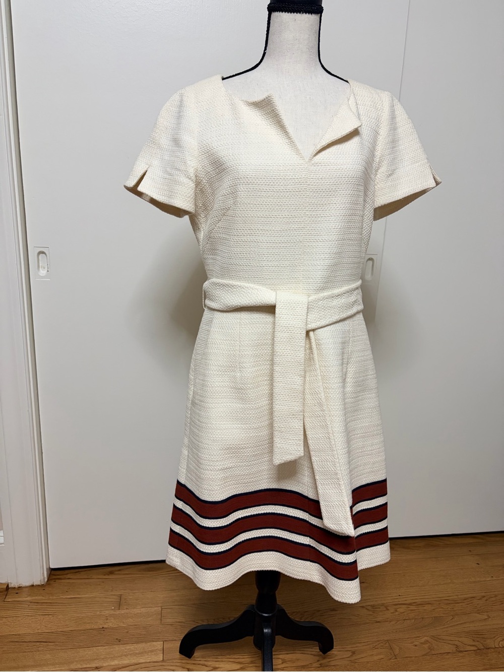 Karen Millen Cream Midi Dress with Striped Hem